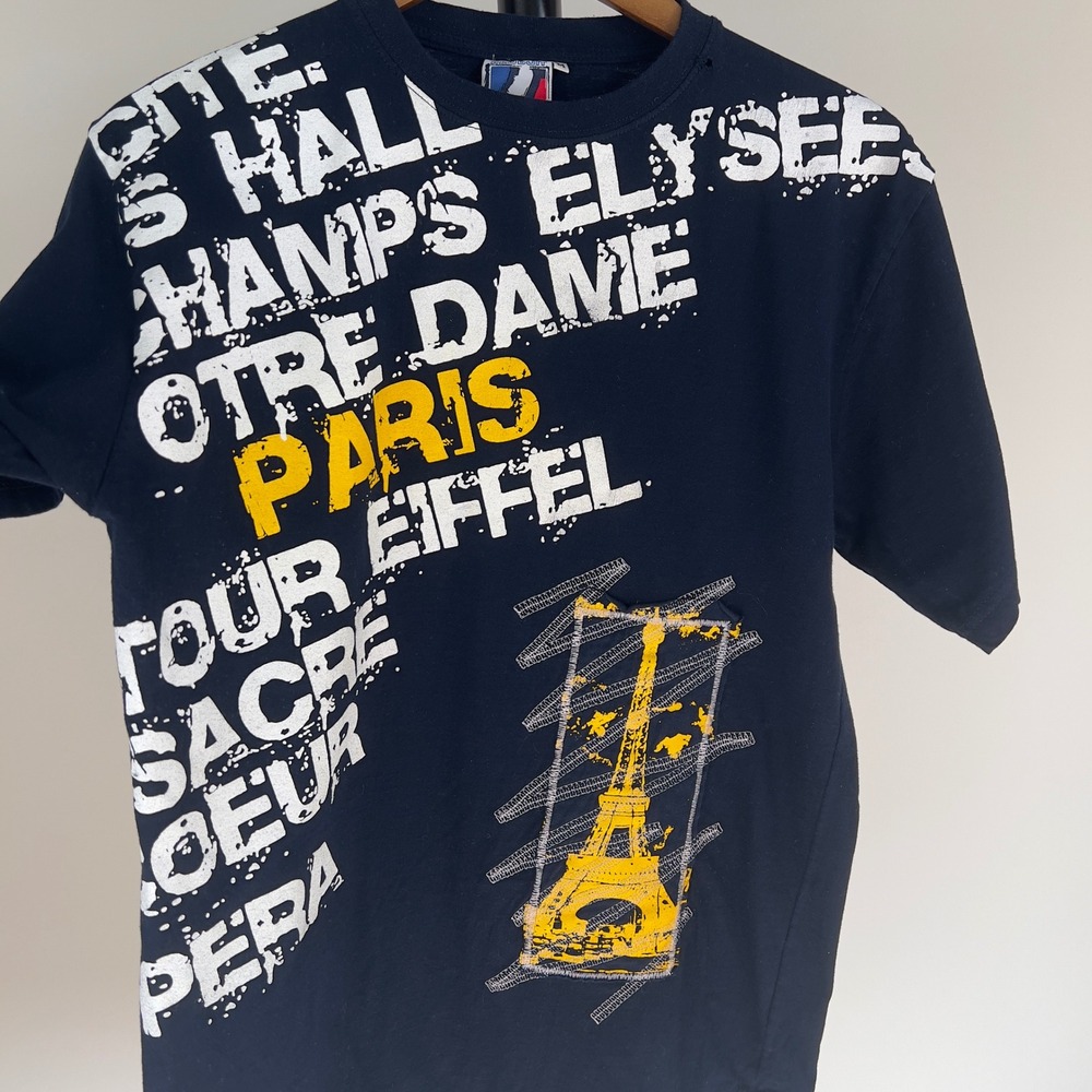 Vintage Paris Graphic T-Shirt Navy Blue Eiffel Tower Notre Dame Mens Medium